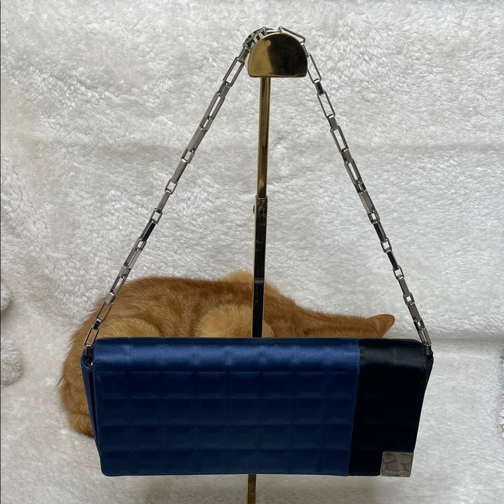 GUC CHANEL Blue Satin Chocolate Bar Flap Bag With Silver Hardware 2002-2003